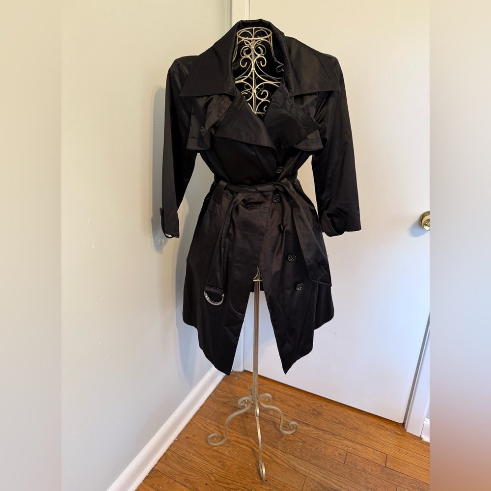 Bebe Black Satin Sexy Trench Coat w/ 3/4 Sleeves